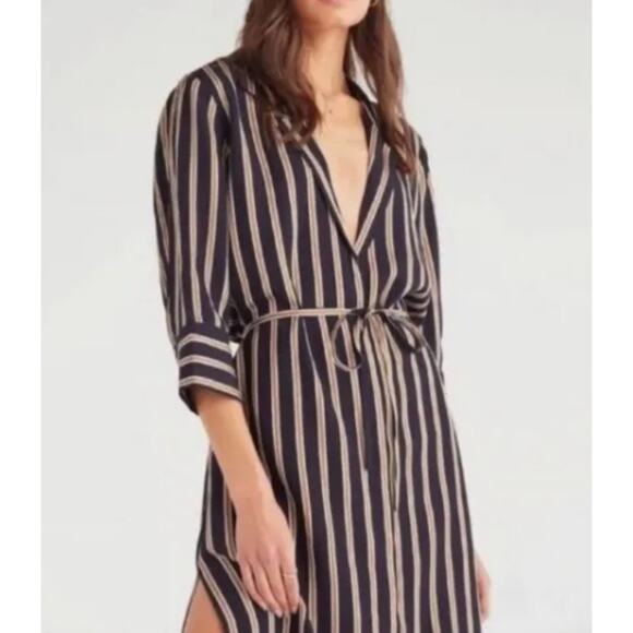 NWT 7 For All Mankind Button Front Shirt Dress,‎ Black Striped Midi Small Belted - Picture 6 of 6